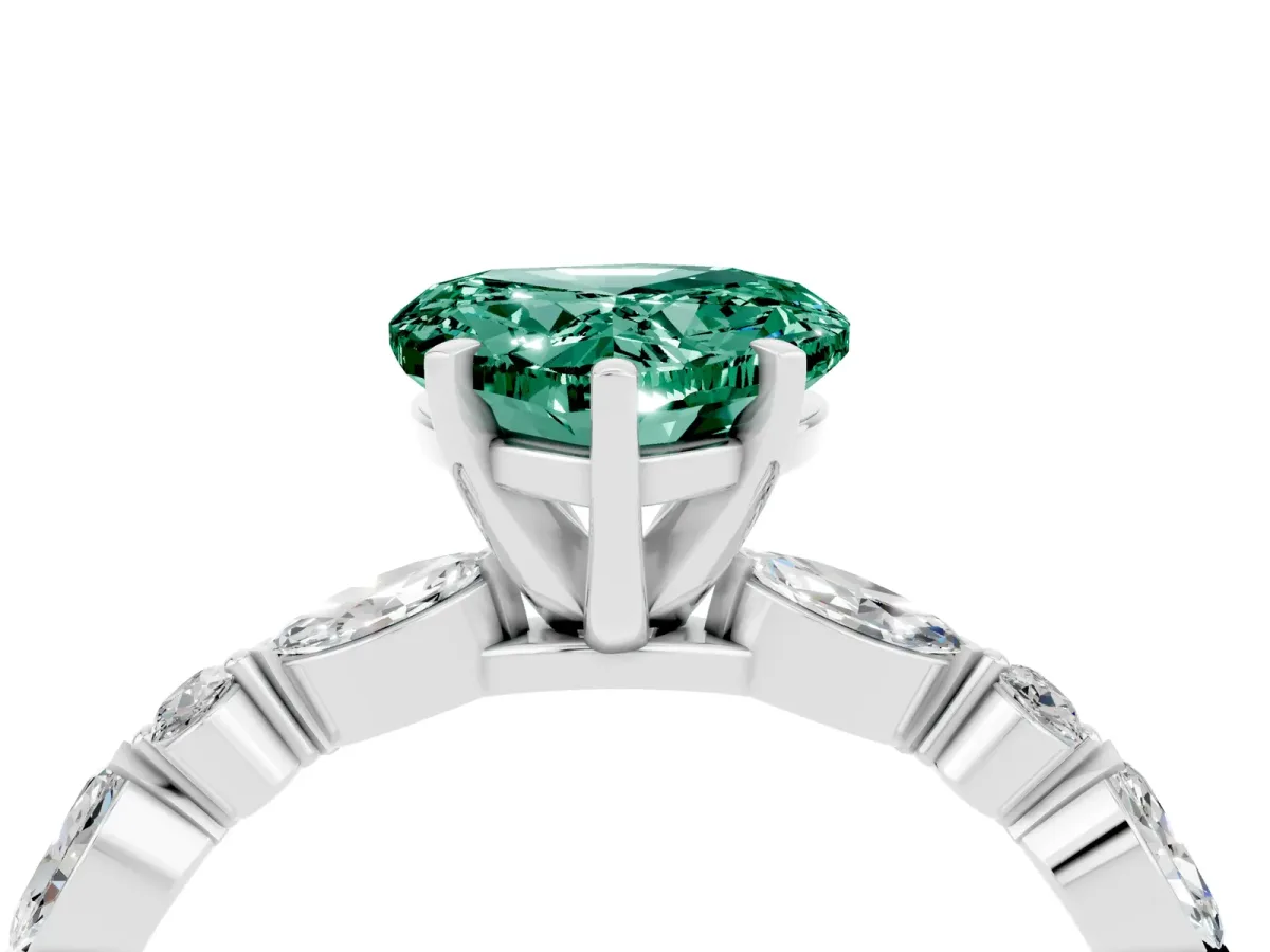 Heart Cut Green Sapphire Ring with Marquise and Round Side Stones and Four-Prong Setting Platinum