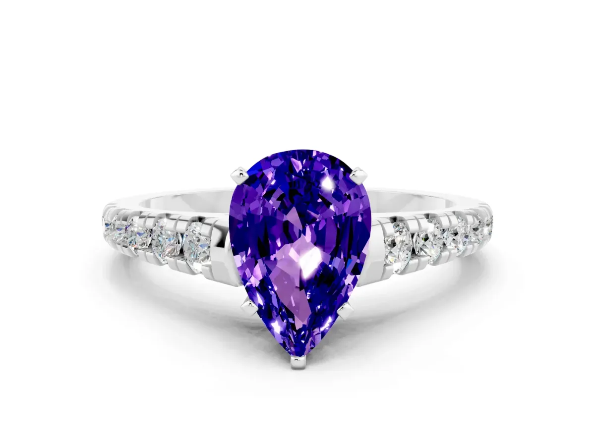 Pear Cut Tanzanite Cathedral Solitaire Ring with Round Pavé Band Platinum