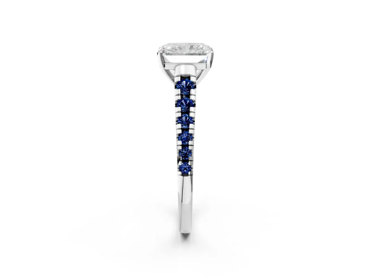 Radiant Cut Diamond Cathedral Solitaire Ring with Round Blue Sapphire Pavé Band Platinum