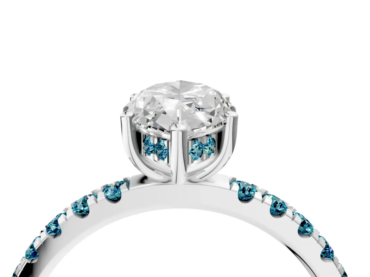 Marquise Cut Diamond Pave Band Solitaire Ring with Round Blue Topaz and Prong Setting Platinum