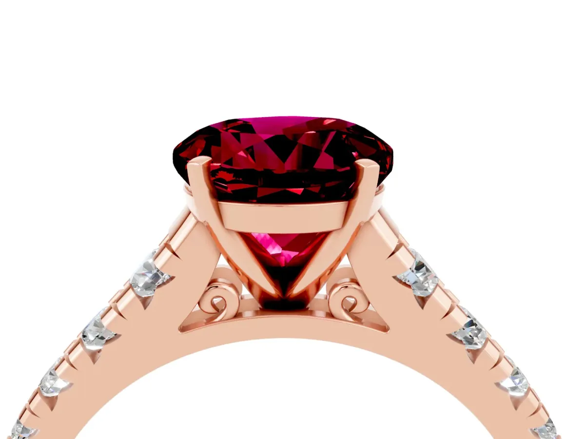 Round Cut Garnet Cathedral Solitaire Ring with Round Pavé Band Rose gold