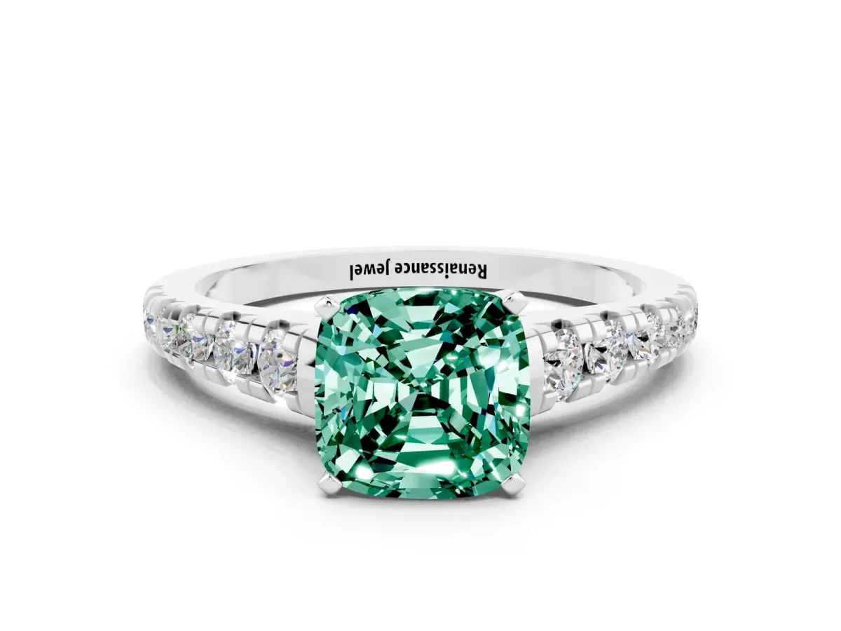 Cushion Cut Green Sapphire Cathedral Solitaire Ring with Round Pavé Band Silver