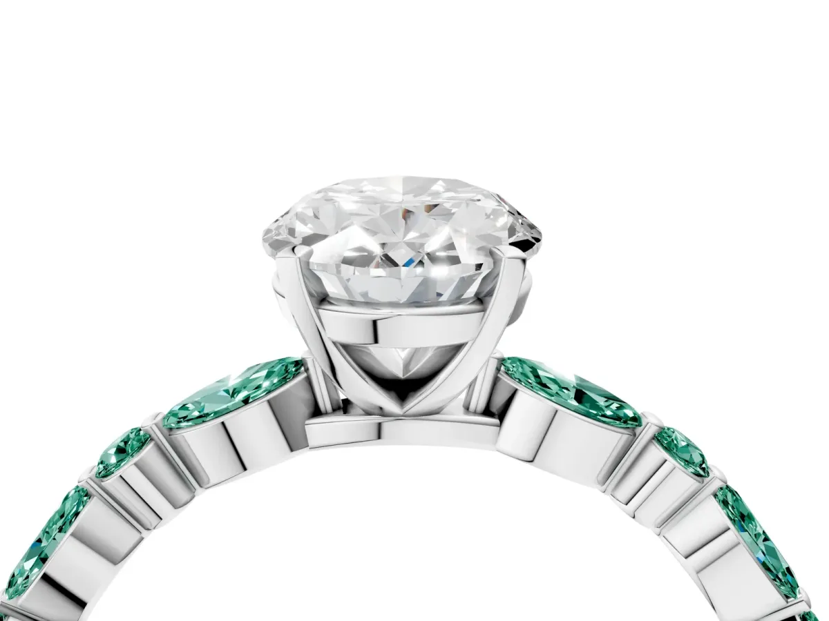 Oval Cut Diamond Ring with Marquise and Round Green Sapphire Side Stones and Four-Prong Setting Silver