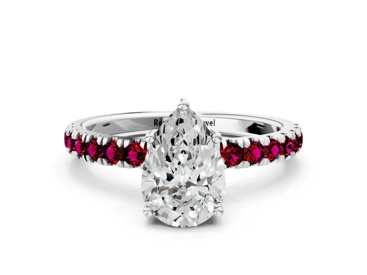 Pear Cut Diamond Pave Band Solitaire Ring with Round Garnet and Prong Setting Platinum
