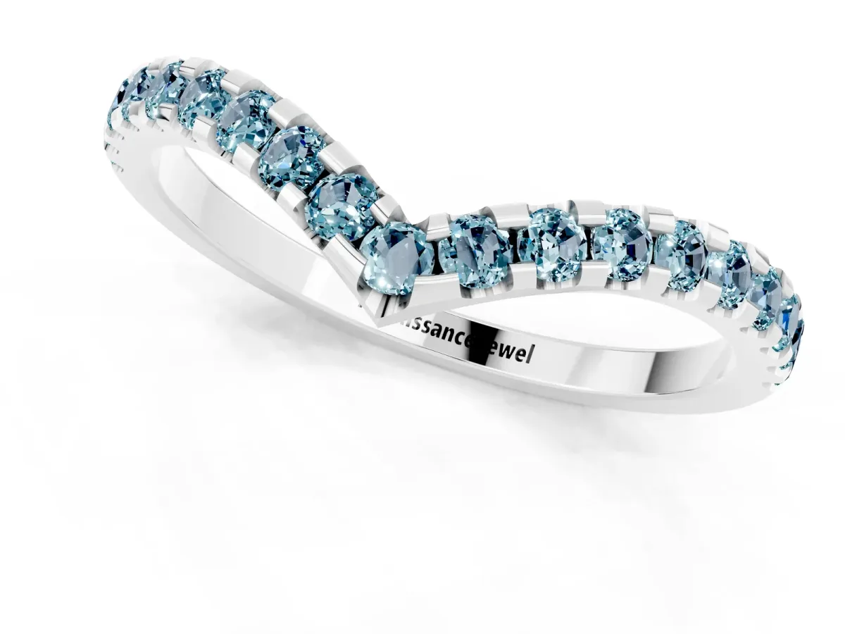 Pavé Round Aquamarine Chevron Band with Shared Prong Setting Platinum