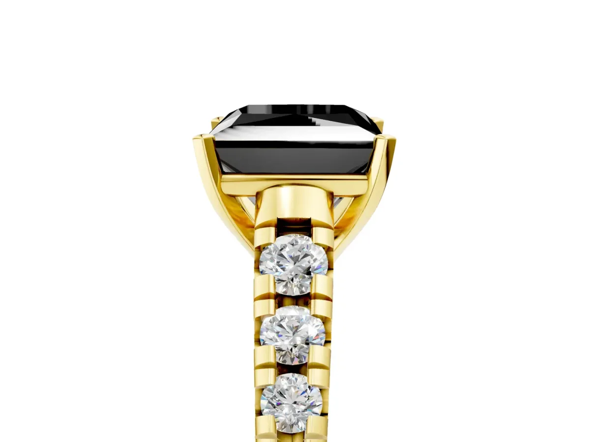 Fancy Black Princess Cut Diamond Cathedral Solitaire Ring with Round Pavé Band Yellow gold