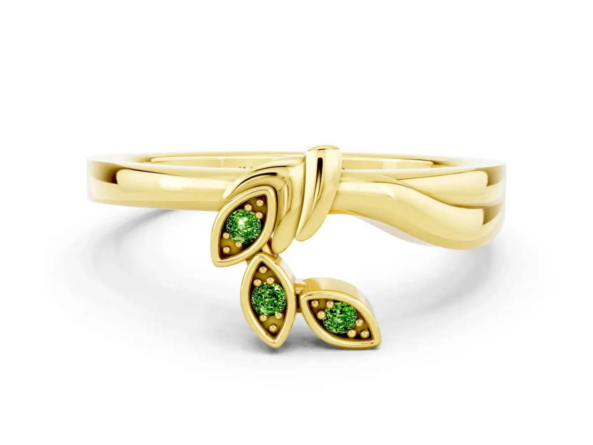 Three-Stone Round Peridot Leaf Bypass Ring with Bezel Setting Yellow gold