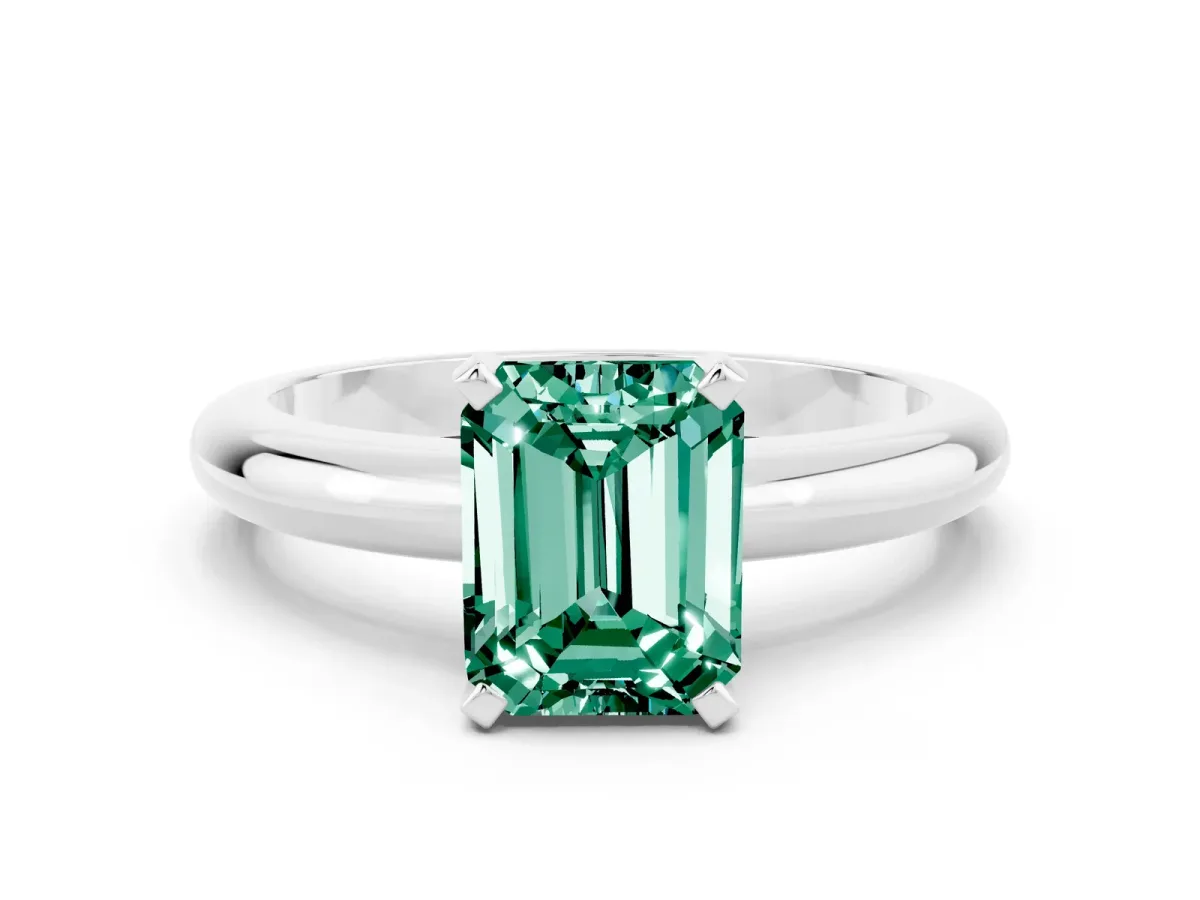 Emerald Cut Green Sapphire Solitaire Engagement Ring with Round Band and Four-Prong Setting Platinum