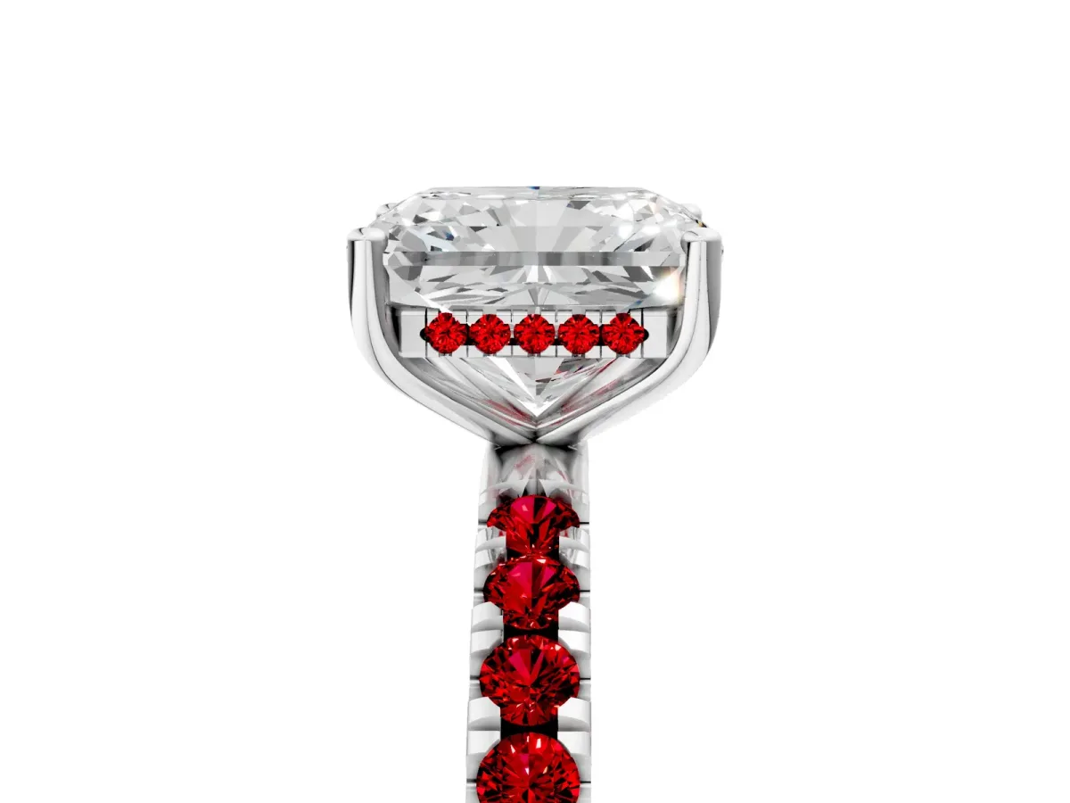 Radiant Cut Diamond Pave Band Solitaire Ring with Round Ruby and Prong Setting White gold