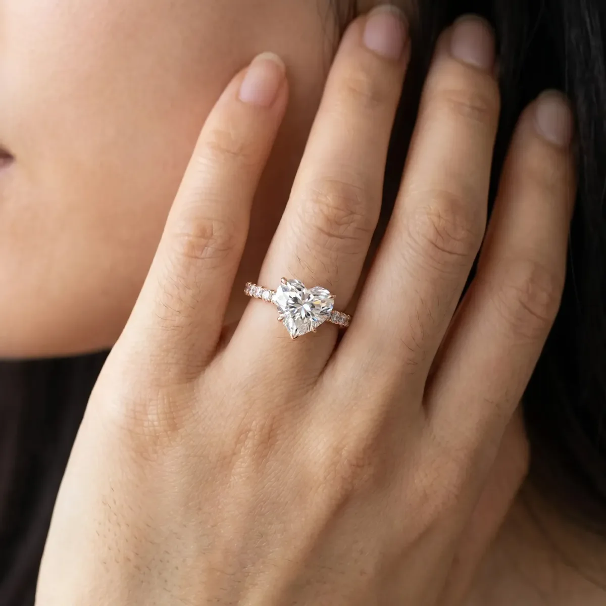 Heart Cut Diamond Pave Band Solitaire Ring with Round and Prong Setting Rose gold