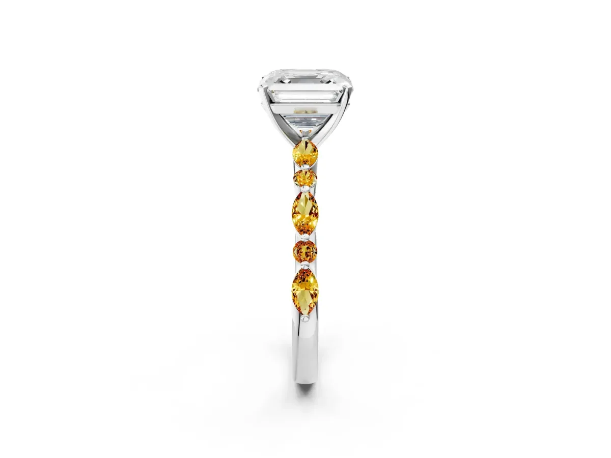 Asscher Cut Diamond Ring with Marquise and Round Citrine Side Stones and Four-Prong Setting Silver