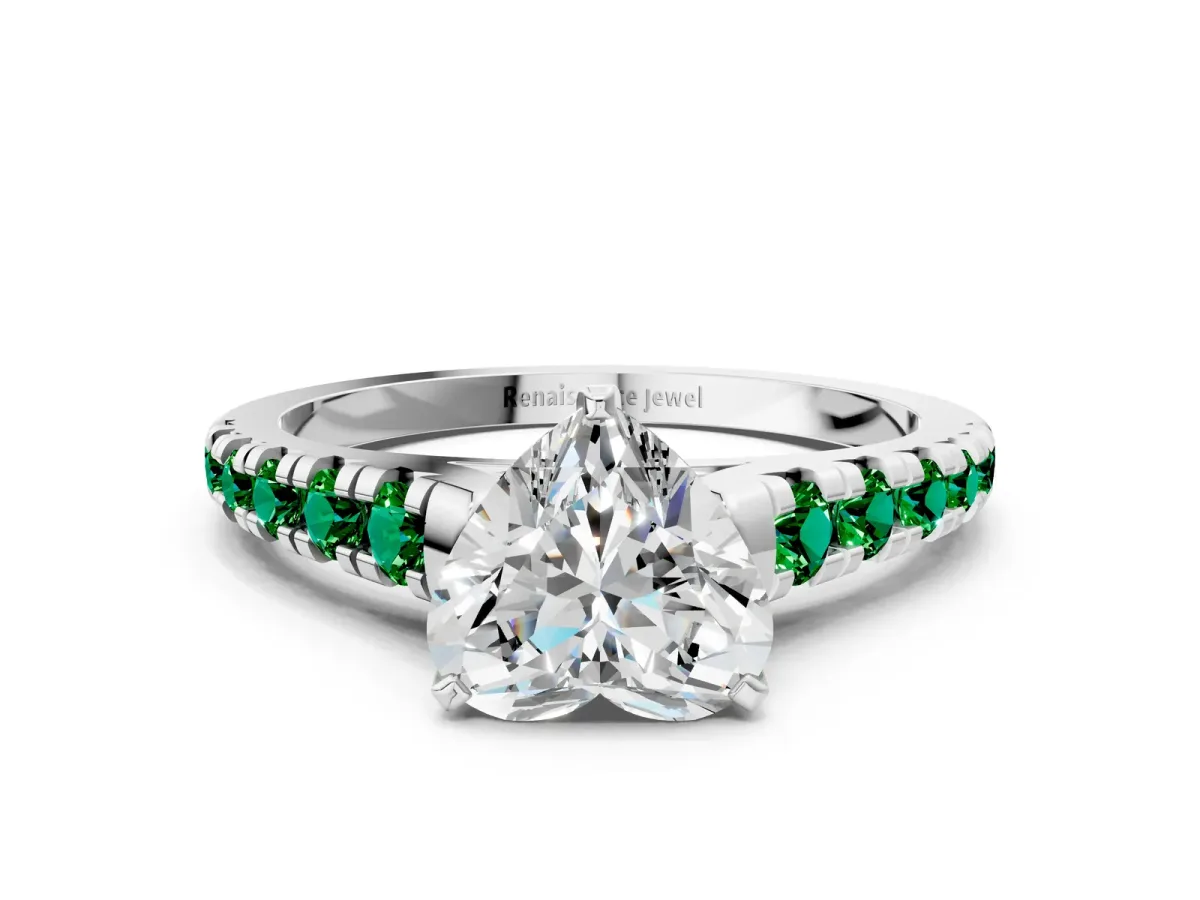 Heart Cut Diamond Cathedral Solitaire Ring with Round Emerald Pavé Band Platinum