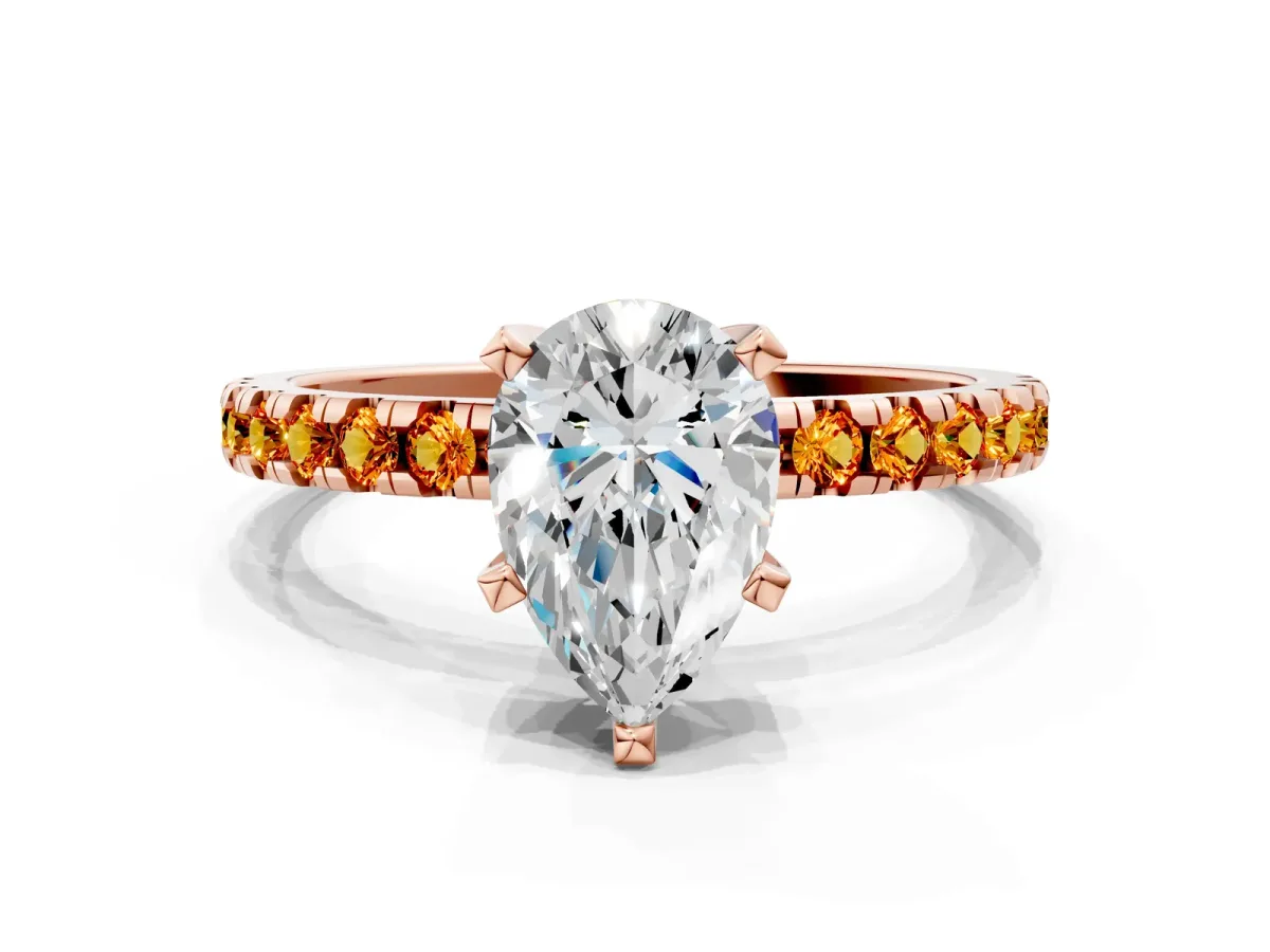 Pear Cut Diamond Solitaire Ring with Round Citrine Pavé Band and Four-Prong Setting Rose gold