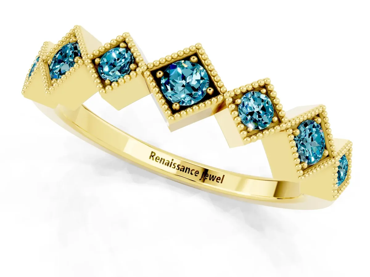 Milgrain Square Bezel Round Blue Topaz Chevron Band Yellow gold