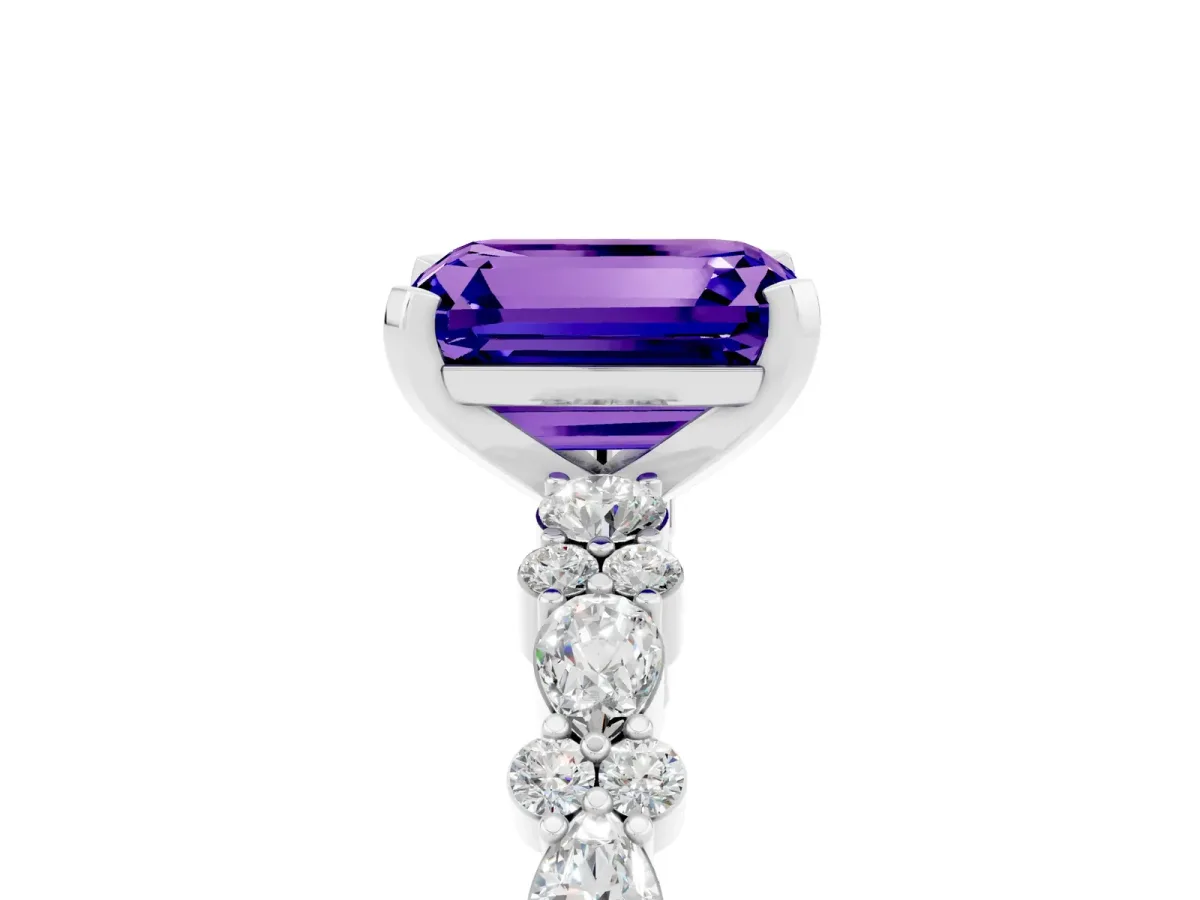 Emerald Cut Tanzanite Side Stone Solitaire Ring with Round and Four-Prong Setting Platinum