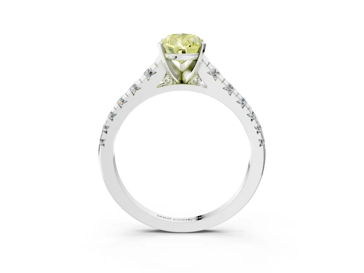Fancy Yellow Pear Cut Diamond Cathedral Solitaire Ring with Round Pavé Band White gold