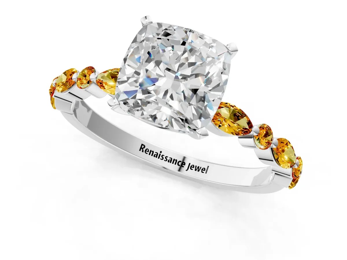 Cushion Cut Diamond Ring with Marquise and Round Citrine Side Stones and Four-Prong Setting Platinum