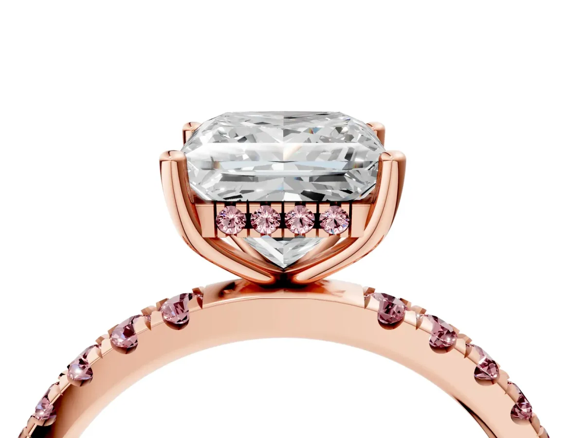 Princess Cut Diamond Pave Band Solitaire Ring with Round Morganite and Prong Setting Rose gold