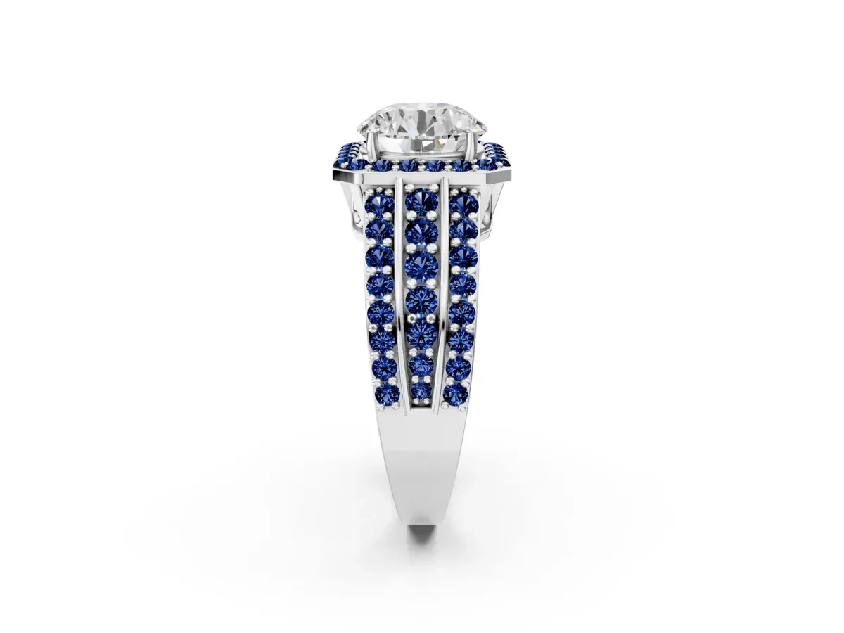 Round Cut Halo Diamond Ring with Round Blue Sapphire Split Shank and Prong Setting Silver