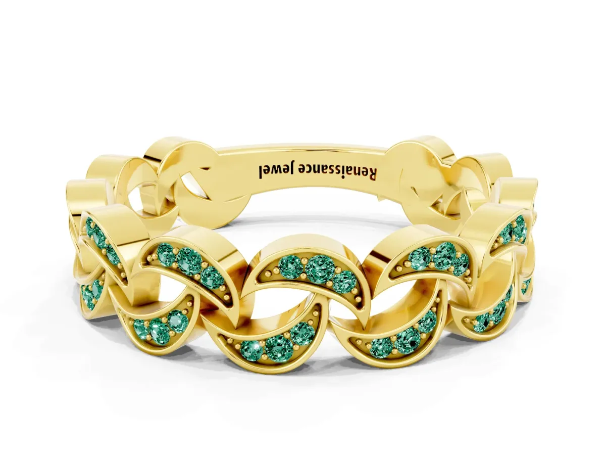 Pavé Round Green Sapphire Interlocking Eternity Band with Bezel Prong Setting Yellow gold