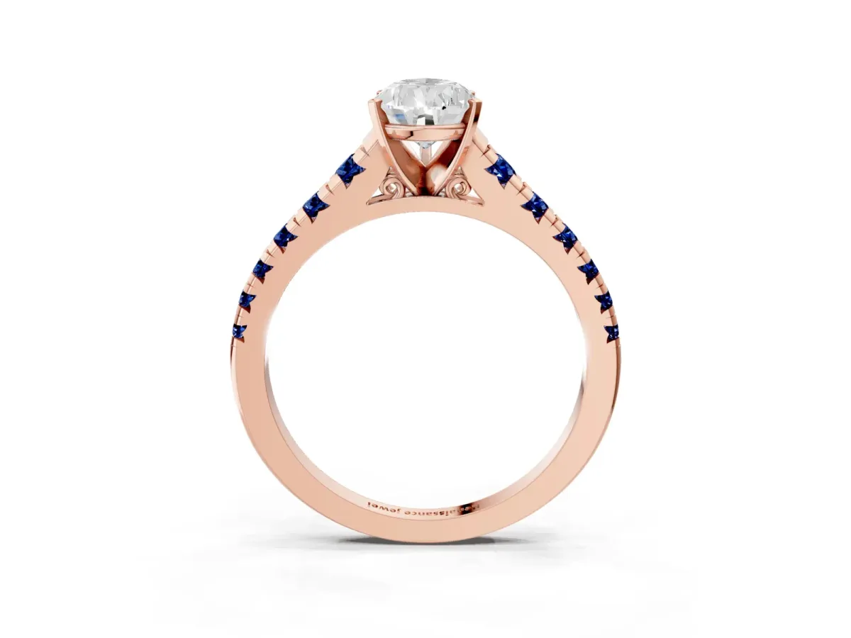 Pear Cut Diamond Cathedral Solitaire Ring with Round Blue Sapphire Pavé Band Rose gold