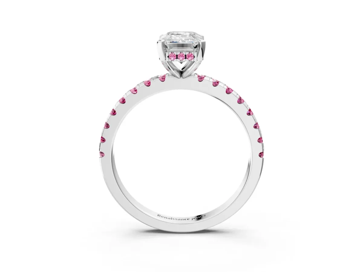 Emerald Cut Diamond Solitaire Ring with Round Pink Sapphire Pavé Band and Four-Prong Setting Platinum