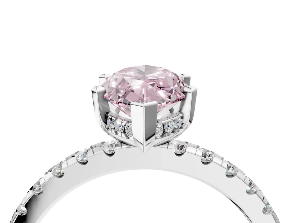 Fancy Pink Marquise Cut Diamond Solitaire Ring with Round Pavé Band and Four-Prong Setting Silver
