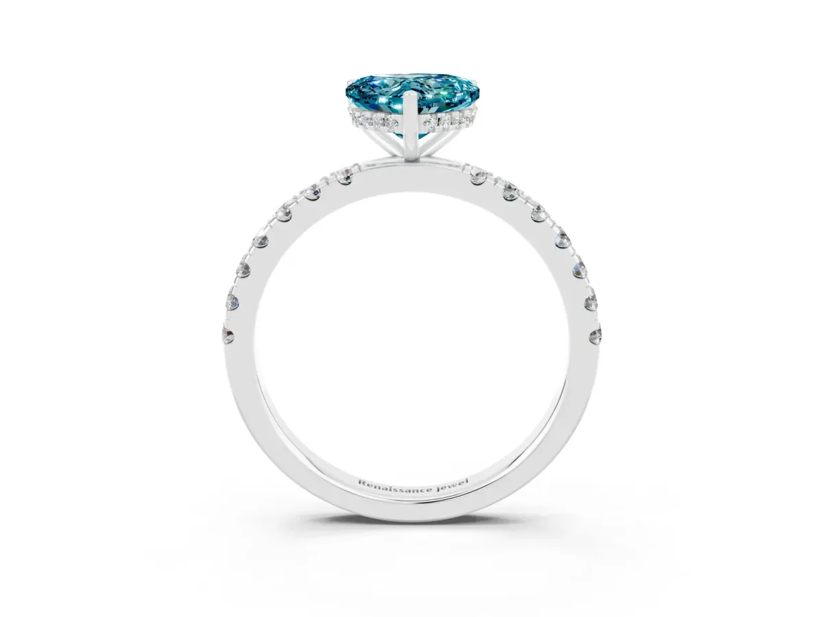 Heart Cut Blue Topaz Pave Band Solitaire Ring with Round and Prong Setting Platinum