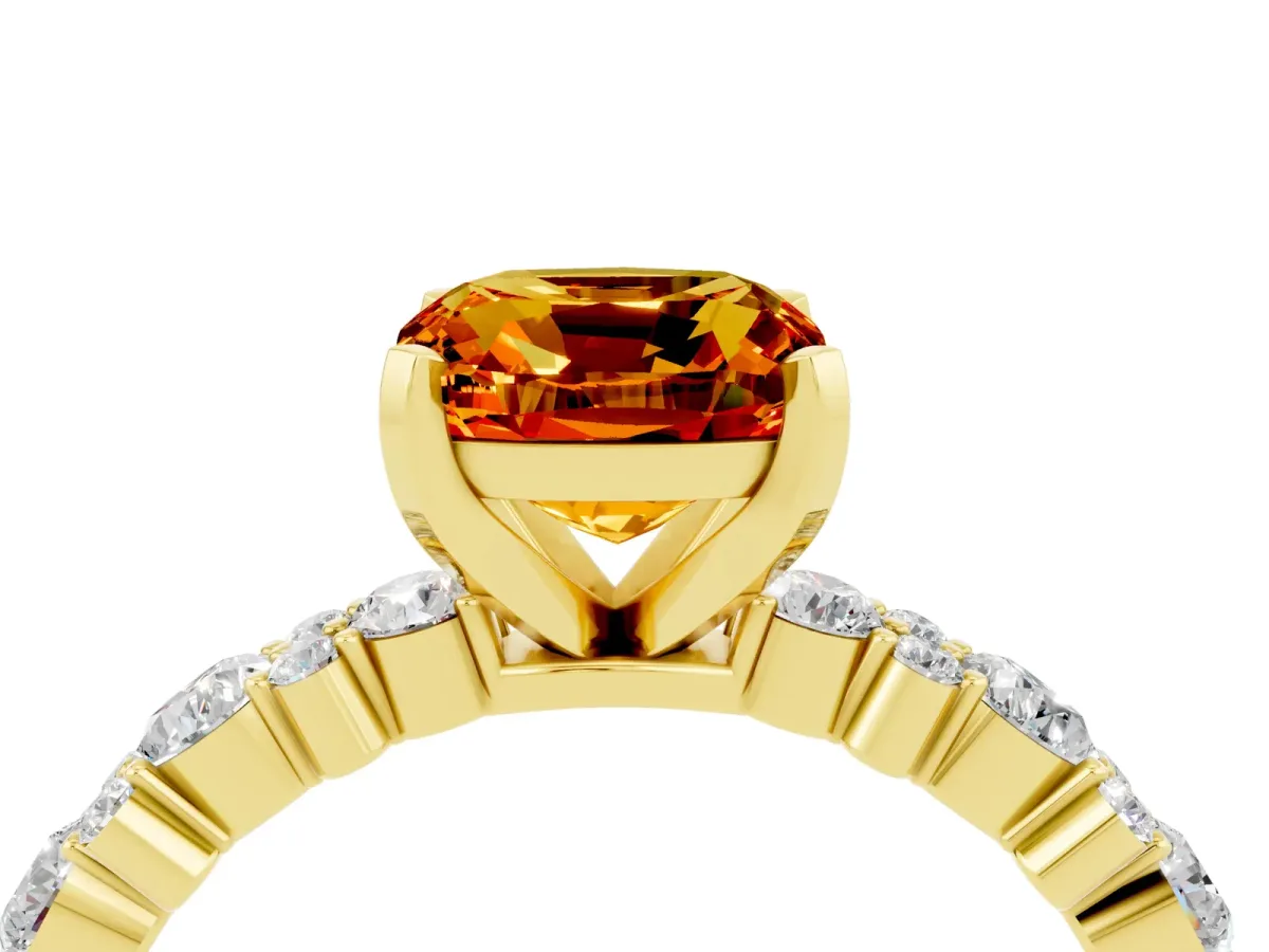 Cushion Cut Citrine Side Stone Solitaire Ring with Round and Four-Prong Setting Yellow gold