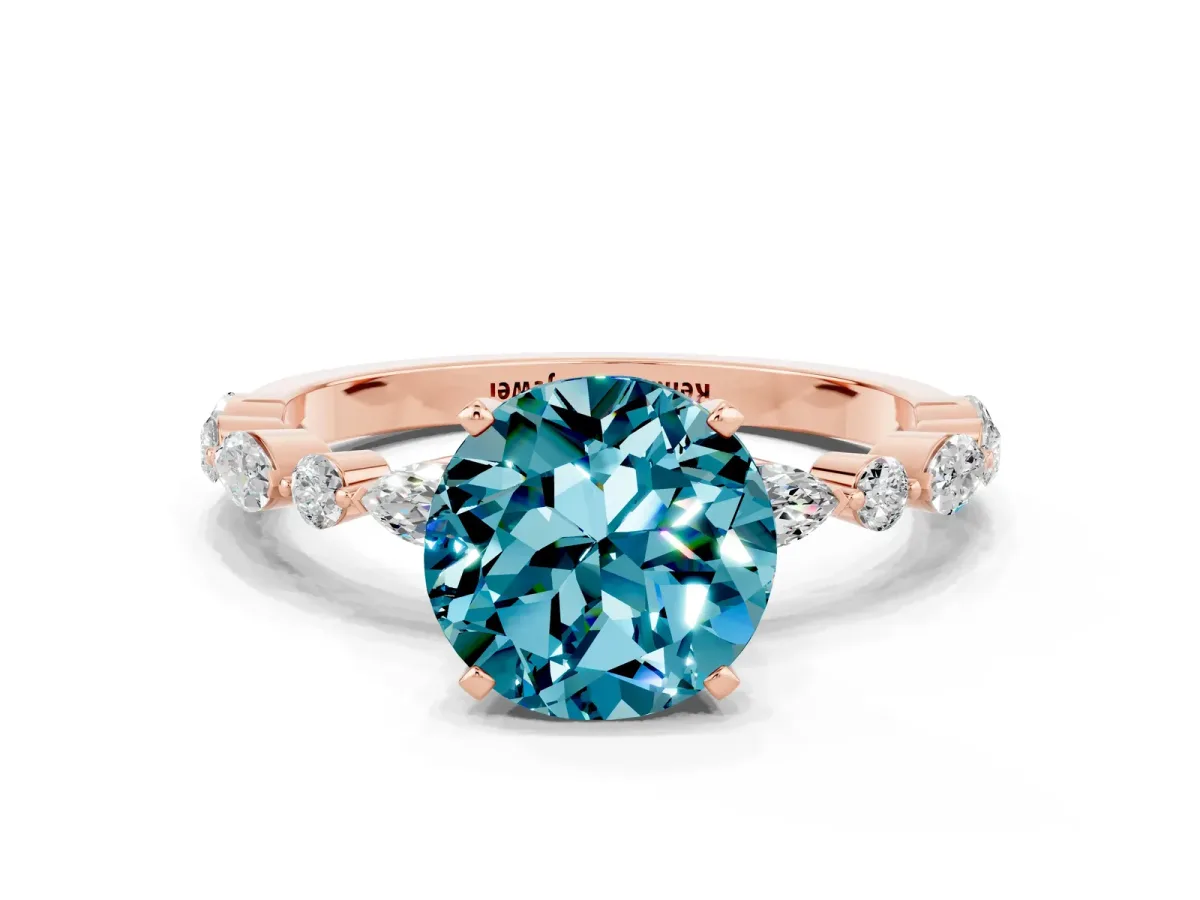 Round Cut Blue Topaz Ring with Marquise and Round Side Stones and Four-Prong Setting Rose gold
