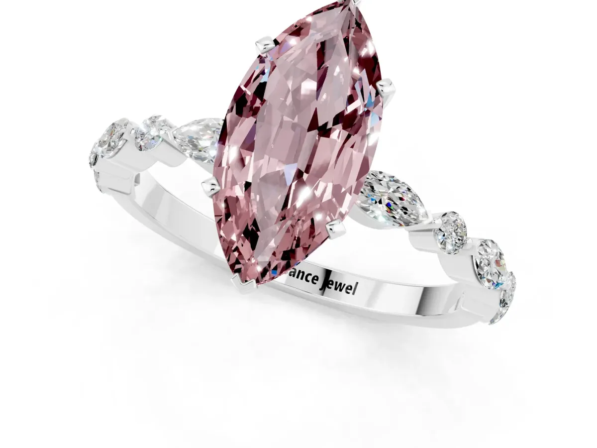 Marquise Cut Morganite Ring with Marquise and Round Side Stones and Four-Prong Setting Silver