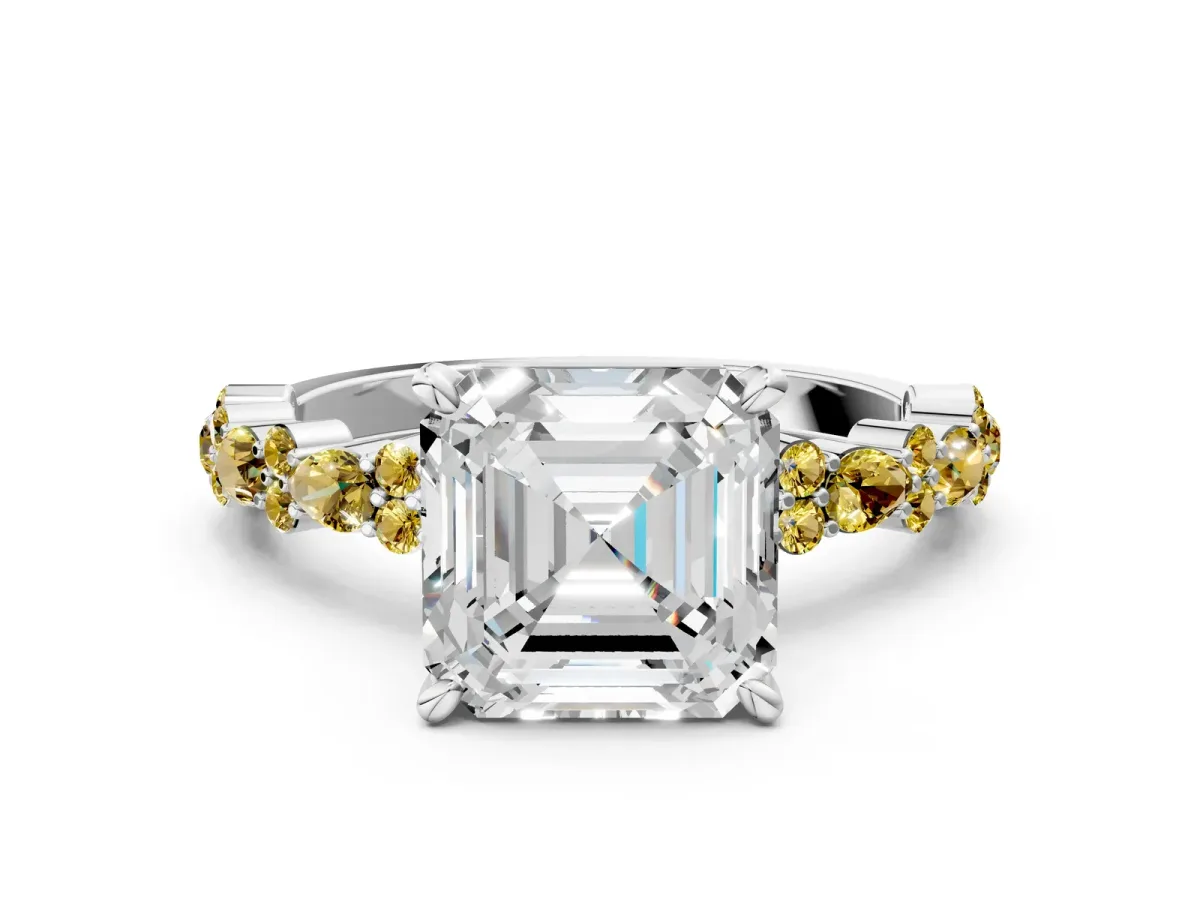 Asscher Cut Diamond Side Stone Solitaire Ring with Round Yellow Sapphire and Four-Prong Setting Platinum