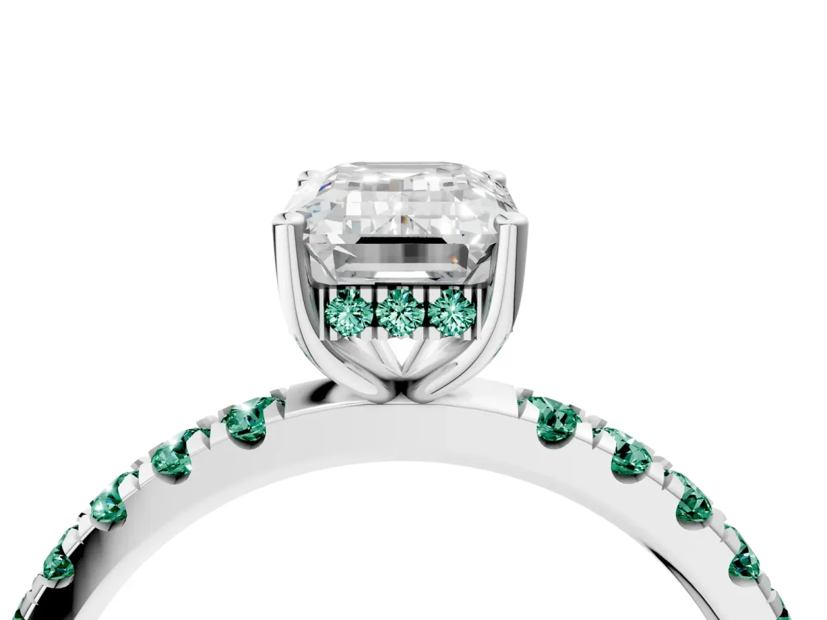 Emerald Cut Diamond Pave Band Solitaire Ring with Round Green Sapphire and Prong Setting Platinum