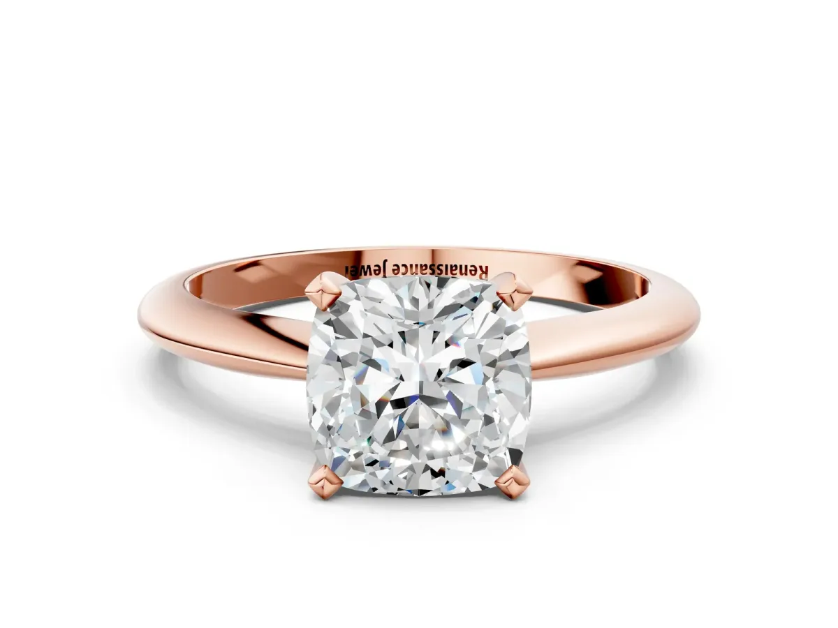 Cushion Cut Diamond Solitaire Engagement Ring with Classic Band and Four-Prong Setting Rose gold
