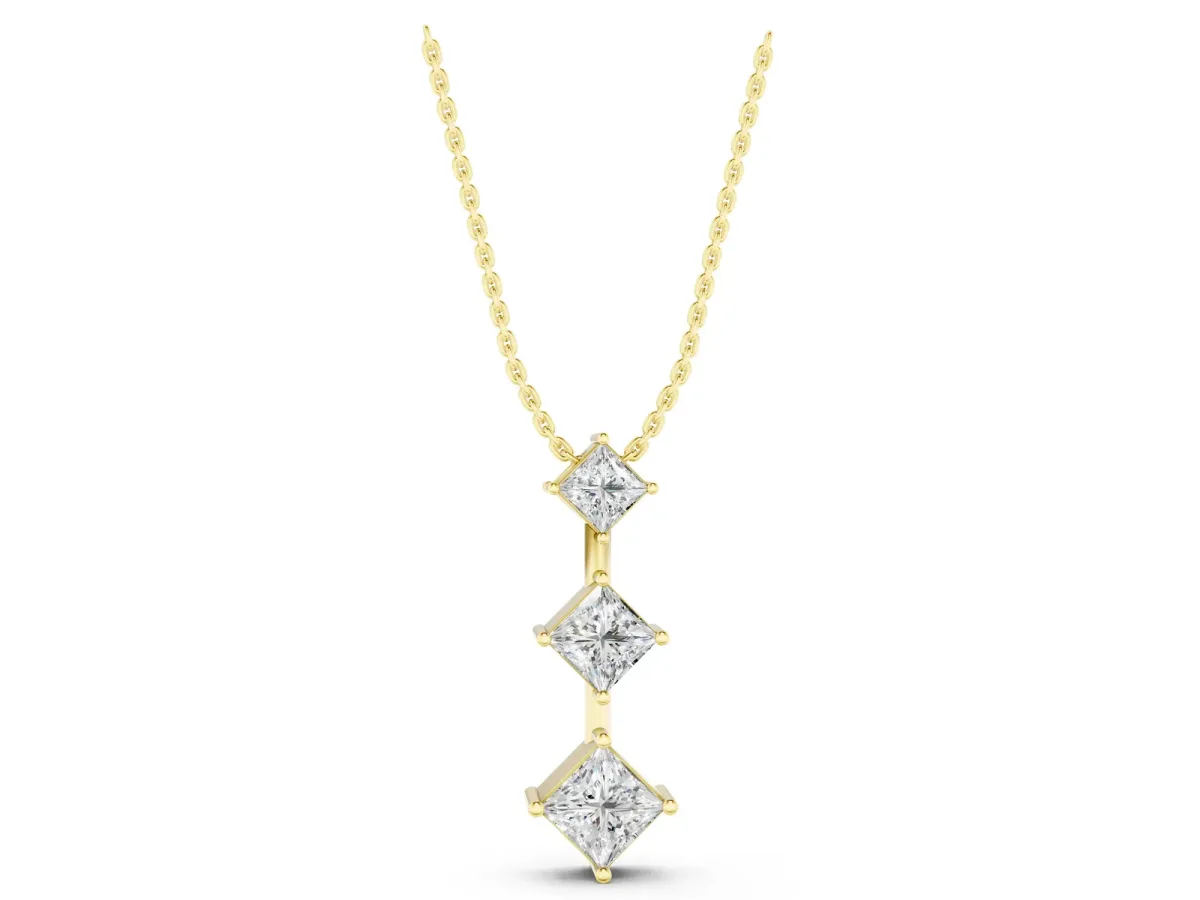 Three-Stone Princess Cut Diamond Pendant with Four-Prong Setting Yellow gold