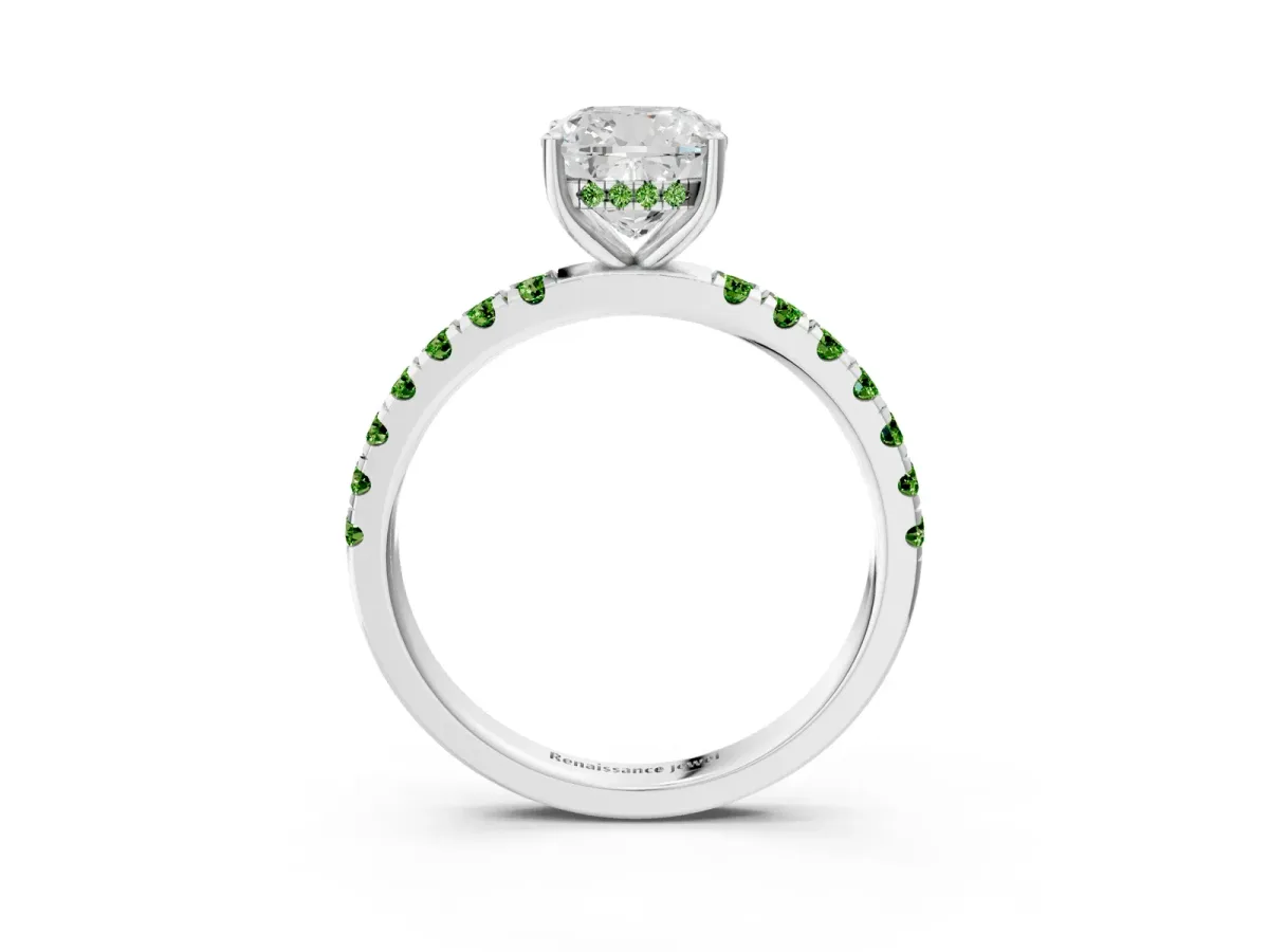 Cushion Cut Diamond Pave Band Solitaire Ring with Round Peridot and Prong Setting Silver