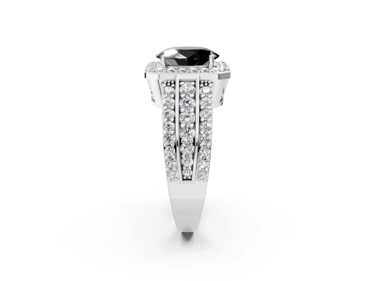 Fancy Black Oval Cut Halo Diamond Ring with Round Split Shank and Prong Setting Silver