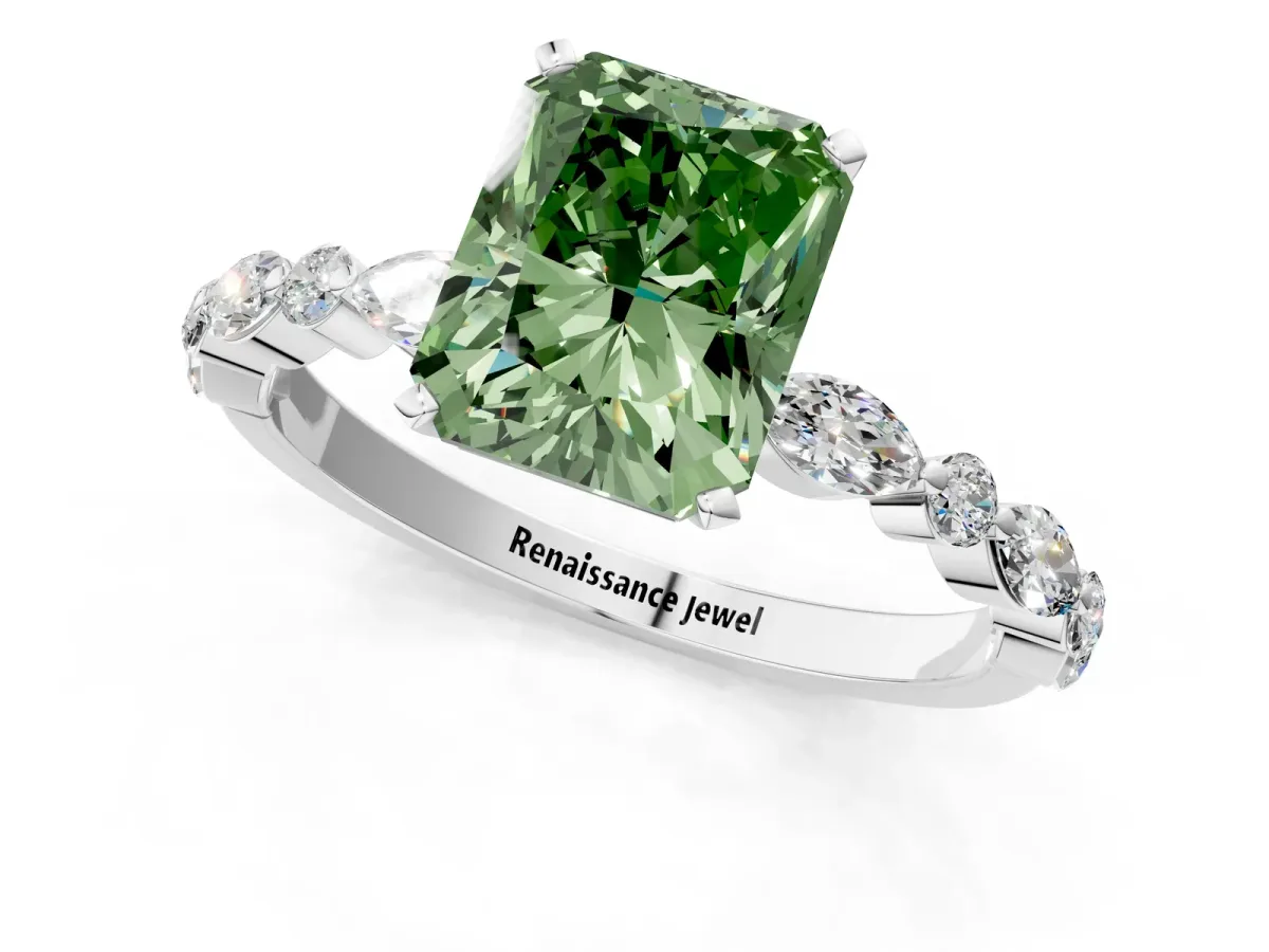 Fancy Green Radiant Cut Diamond Ring with Marquise and Round Side Stones and Four-Prong Setting Silver