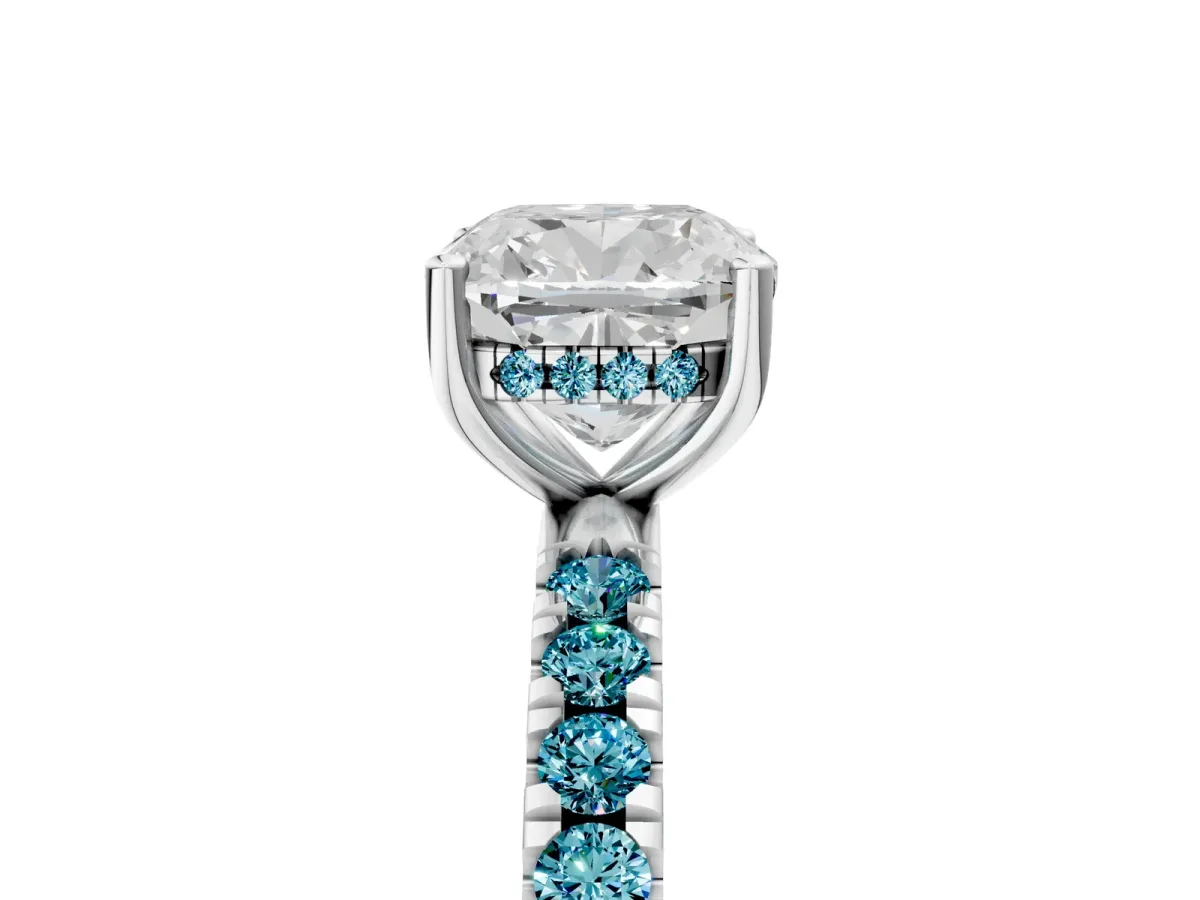 Cushion Cut Diamond Pave Band Solitaire Ring with Round Blue Topaz and Prong Setting Platinum