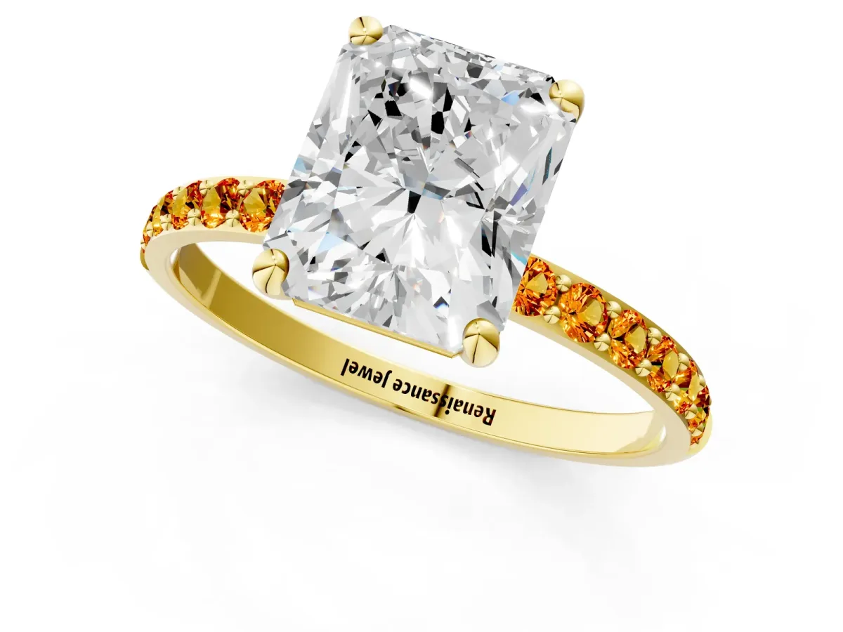 Radiant Cut Diamond Solitaire Ring with Round Citrine Pavé Band and Prong Setting Yellow gold