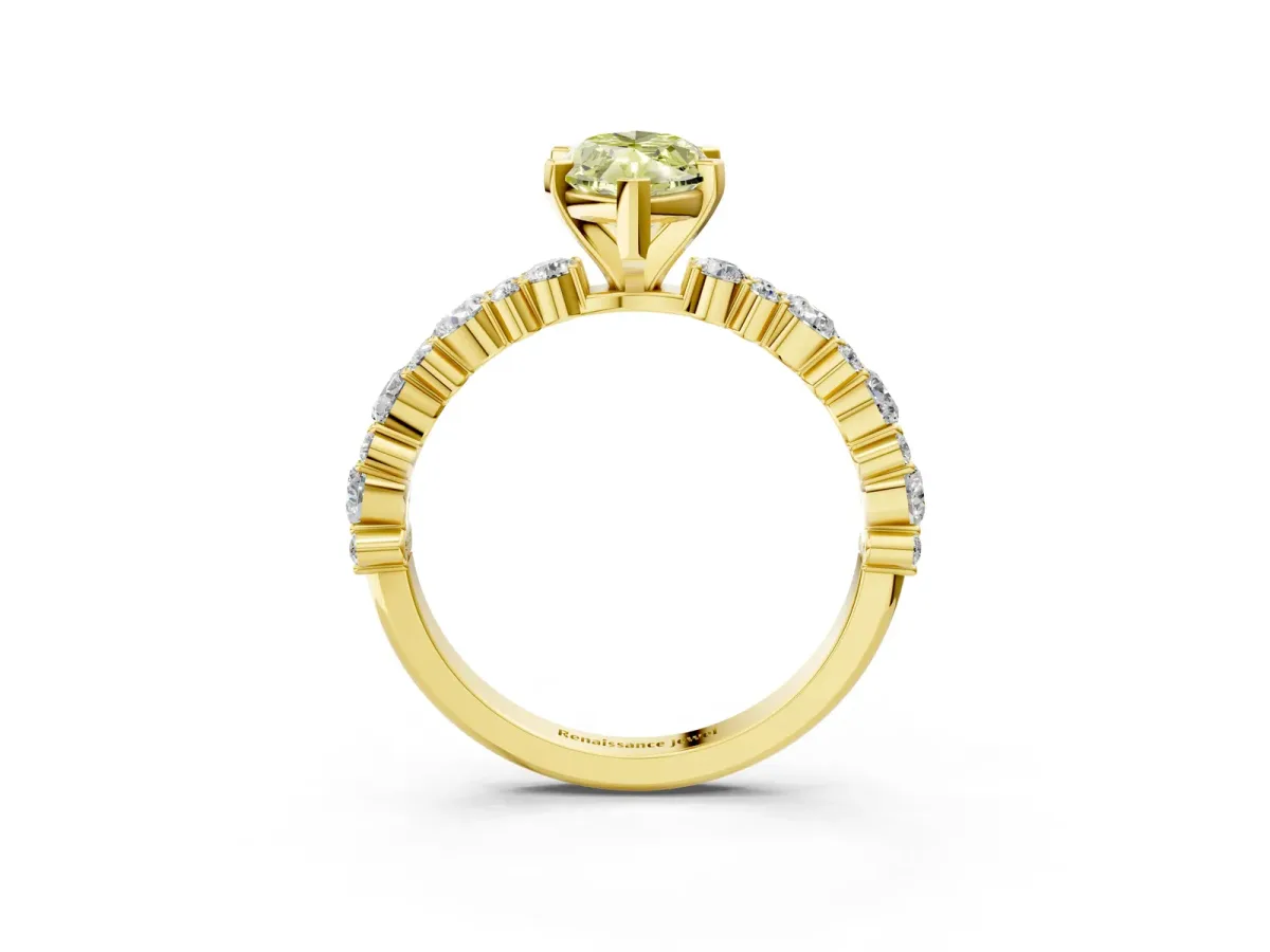 Fancy Yellow Marquise Cut Diamond Side Stone Solitaire Ring with Round and Four-Prong Setting Yellow gold