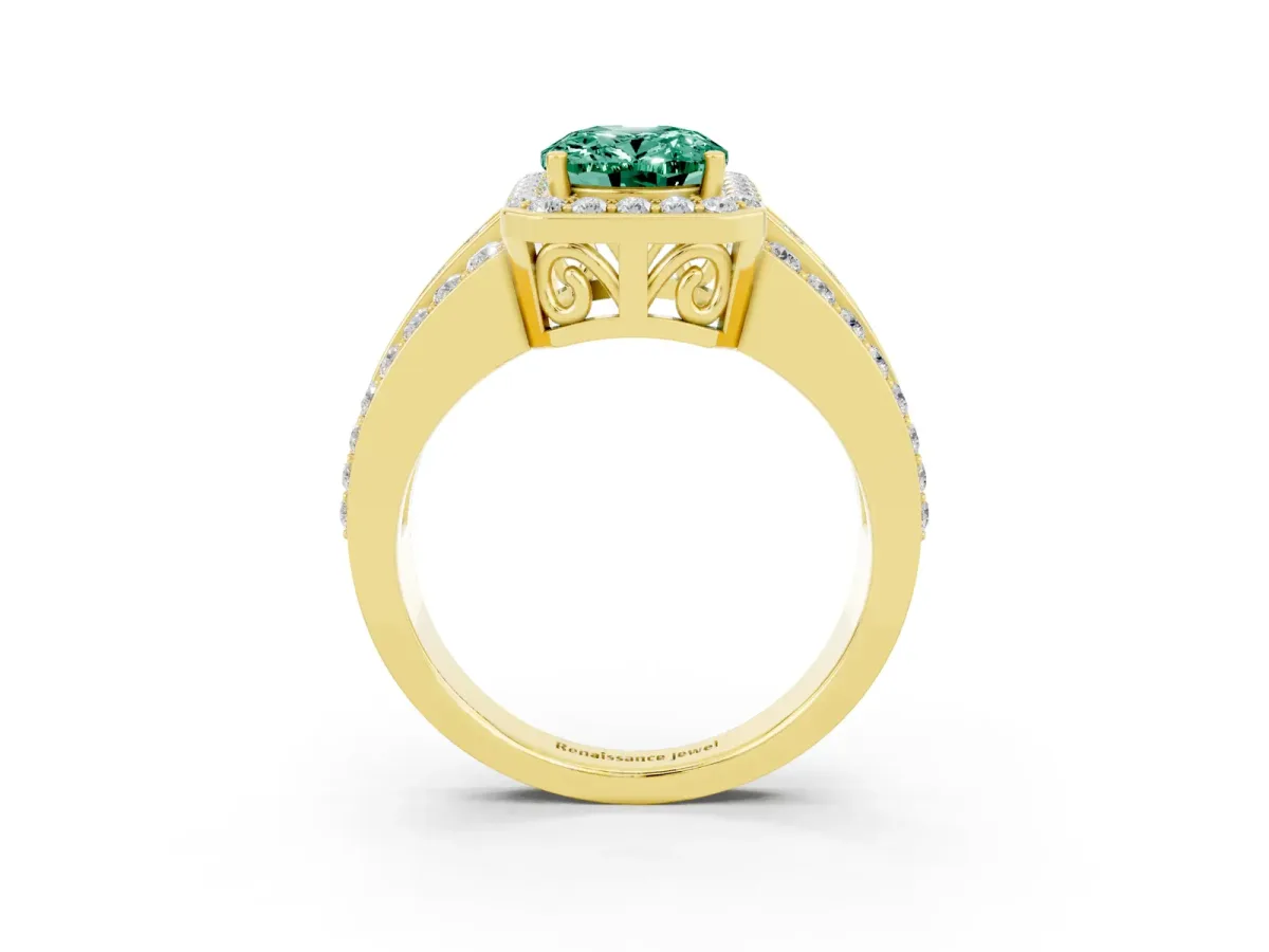 Oval Cut Halo Green Sapphire Ring with Round Split Shank and Prong Setting Yellow gold