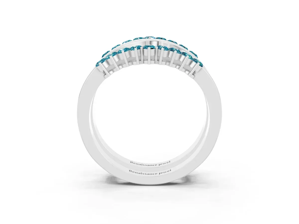 Round Blue Topaz Chevron Contour Band with Prong Setting White gold