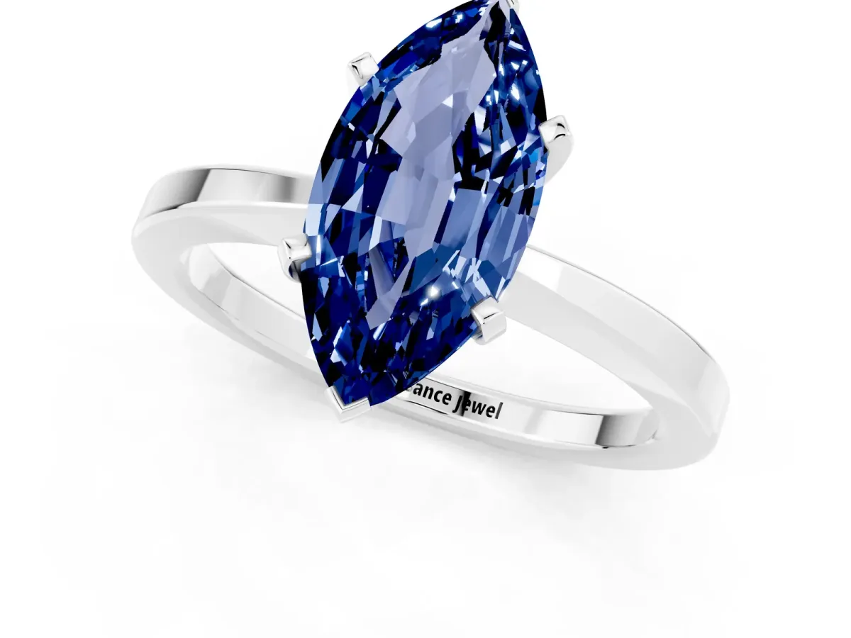 Marquise Cut Blue Sapphire Solitaire Engagement Ring with Classic Band and Four-Prong Setting Silver