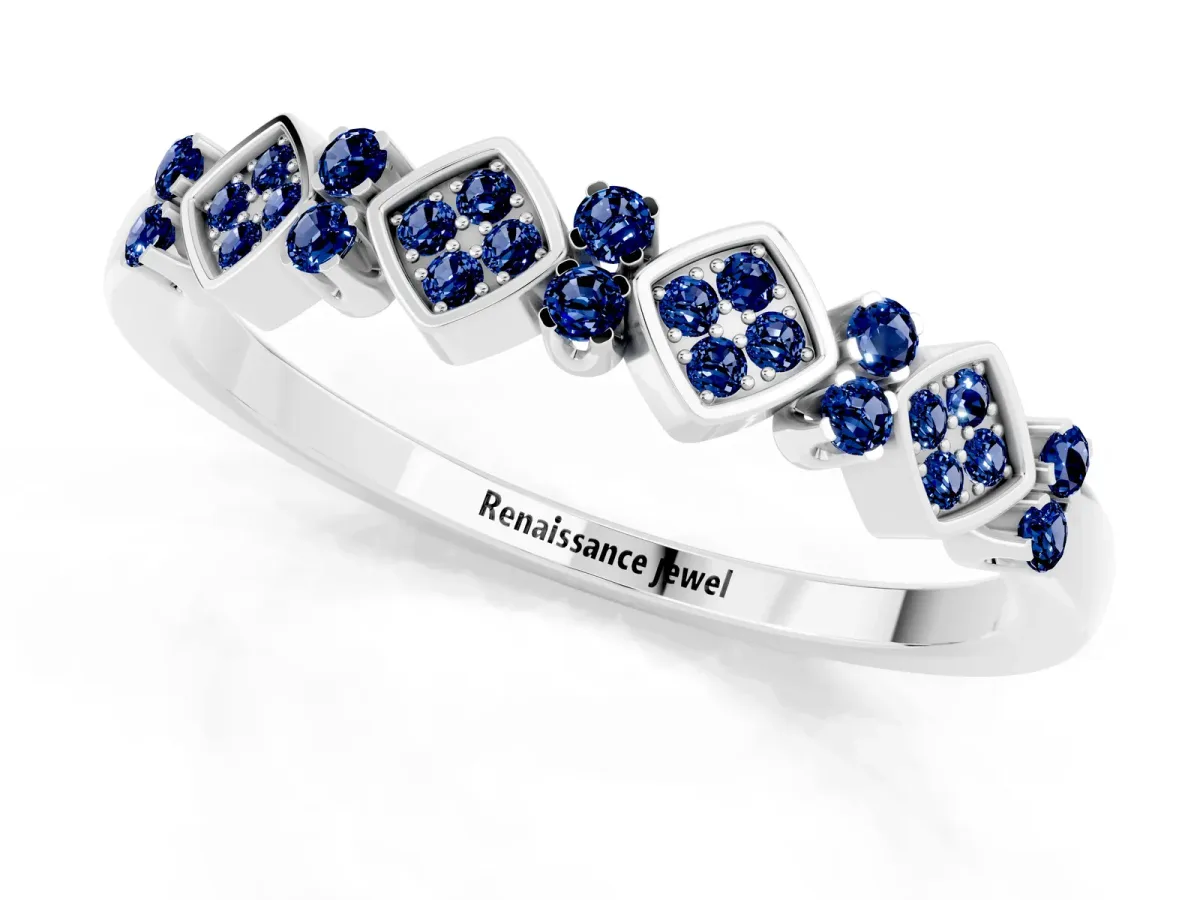 Pavé Cushion Blue Sapphire Cluster Eternity Band with Prong Setting Silver