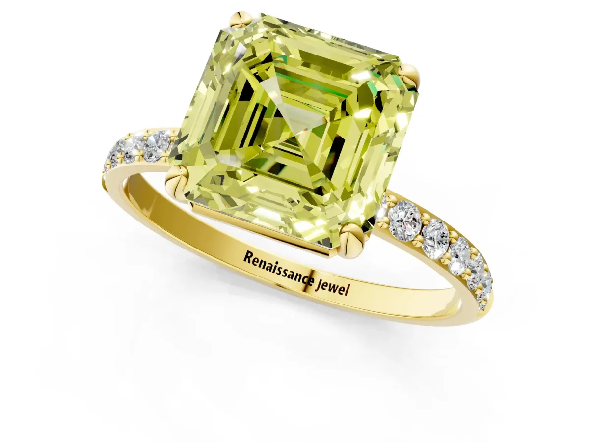 Fancy Yellow Asscher Cut Diamond Solitaire Ring with Round Pavé Band and Prong Setting Yellow gold