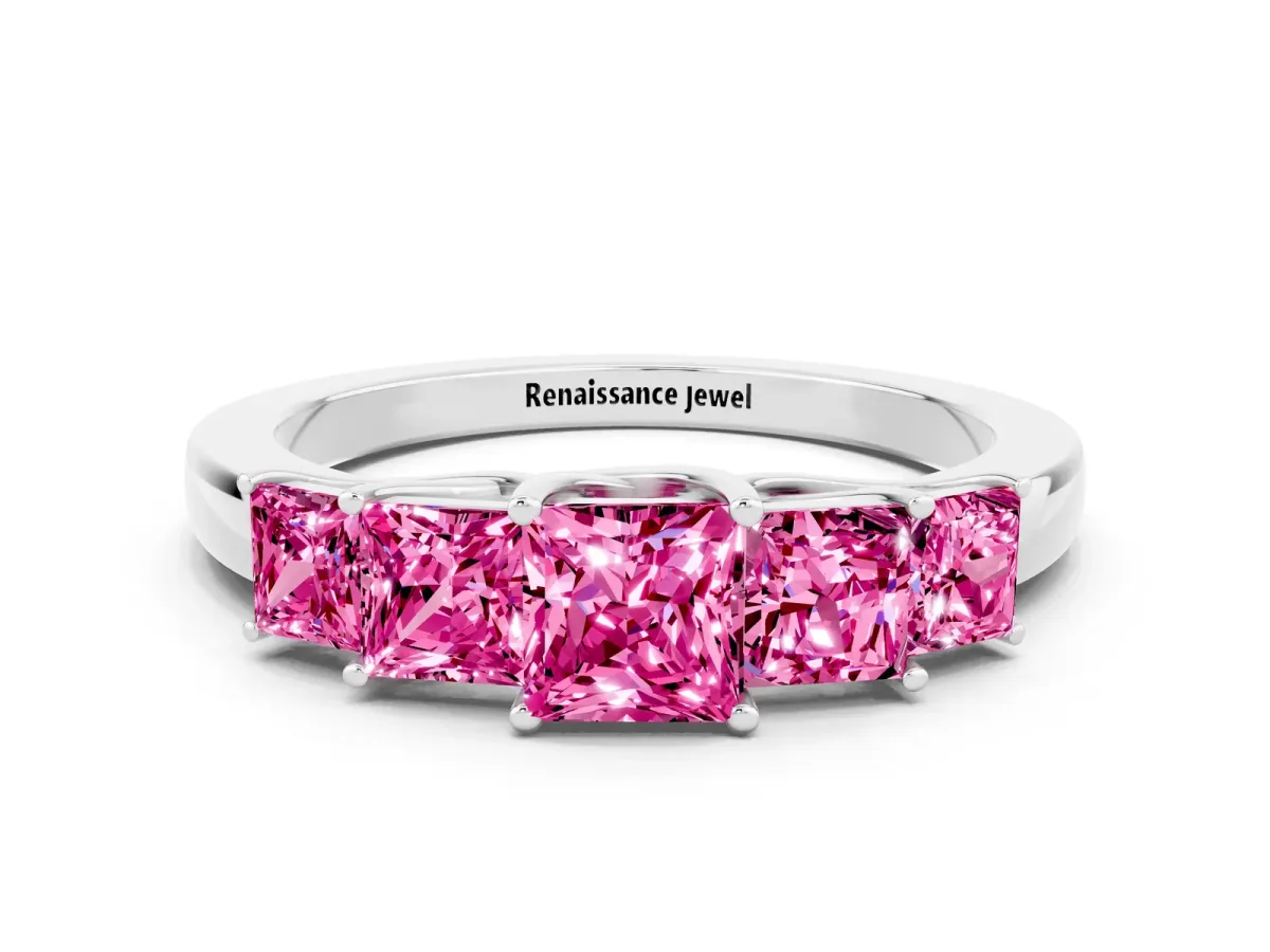 Princess Cut Five-Stone Pink Sapphire Ring with Classic Prong Setting White gold