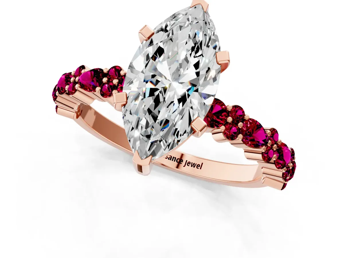 Marquise Cut Diamond Side Stone Solitaire Ring with Round Garnet and Four-Prong Setting Rose gold
