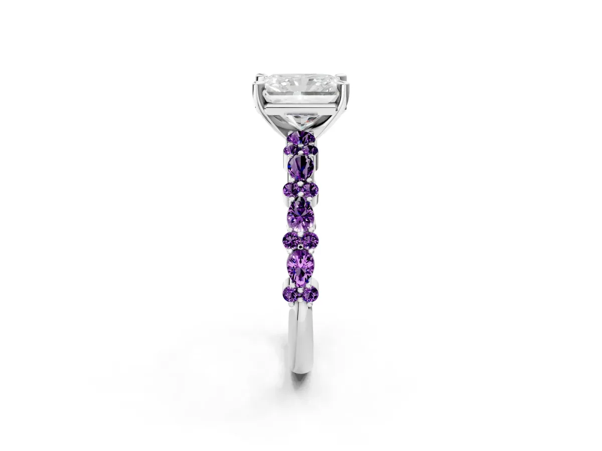Radiant Cut Diamond Side Stone Solitaire Ring with Round Amethyst and Four-Prong Setting Platinum