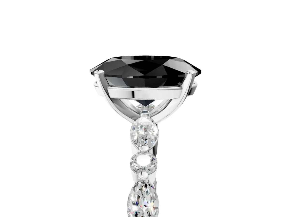 Fancy Black Oval Cut Diamond Ring with Marquise and Round Side Stones and Four-Prong Setting Platinum